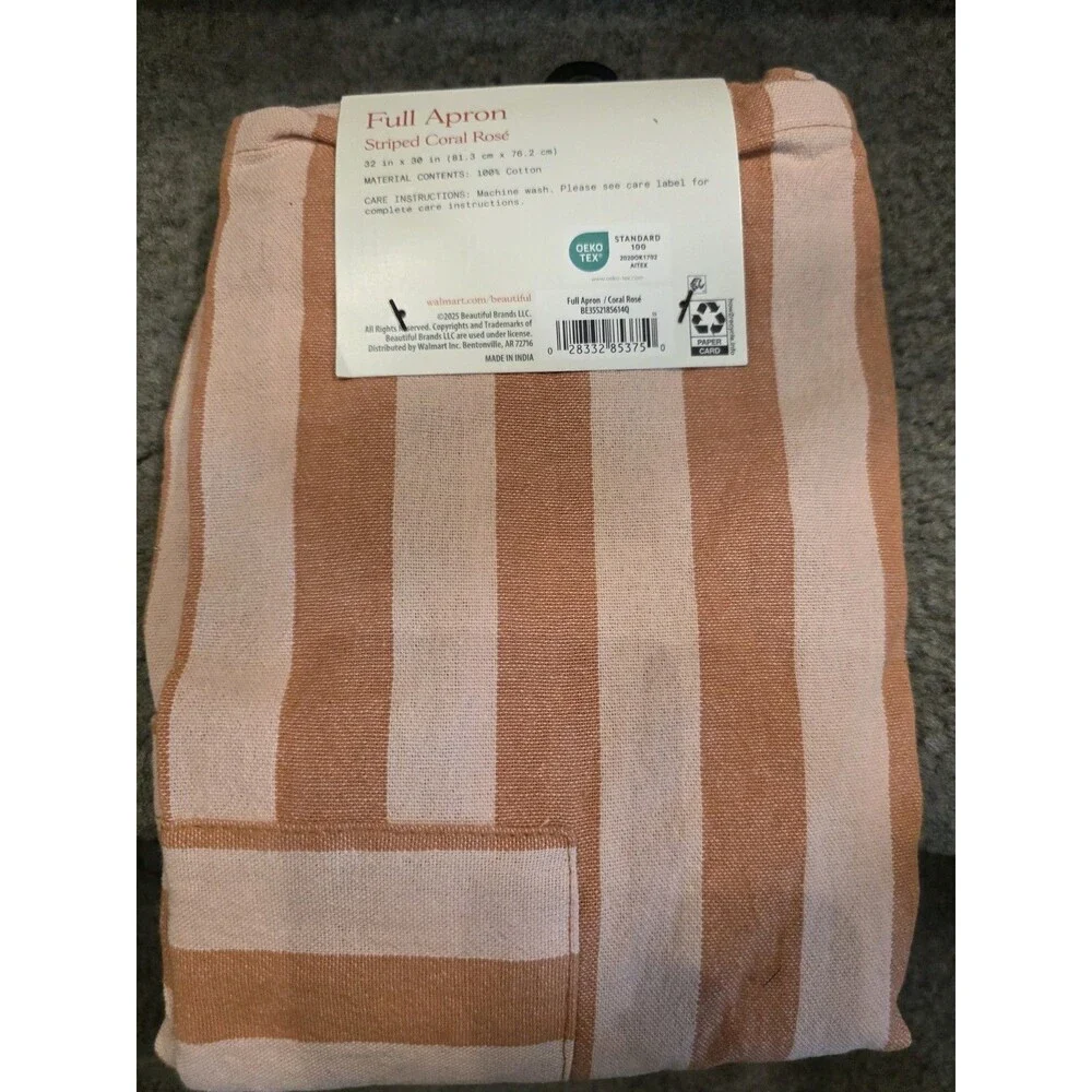 Beautiful by Drew Barrymore Striped Full Body Apron Orange Pink Cotton